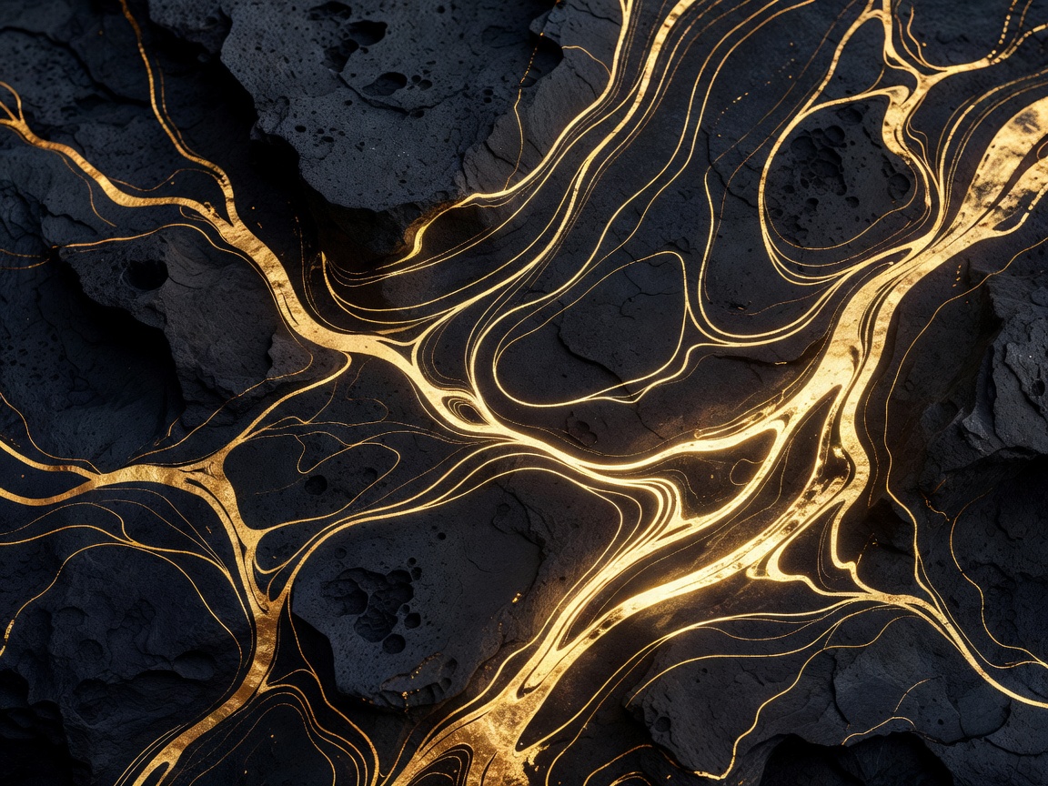 Abstract rendering of gold lines on dark basalt rock background