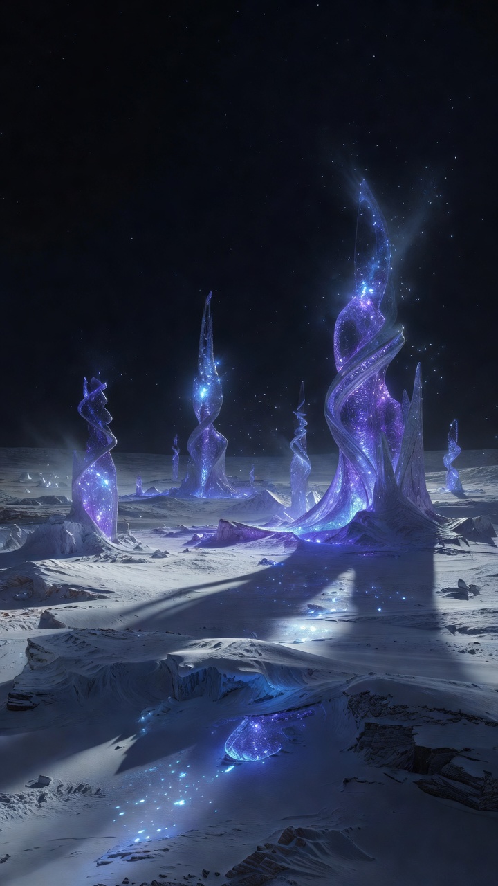 Mysterious glowing magical structures in cold night