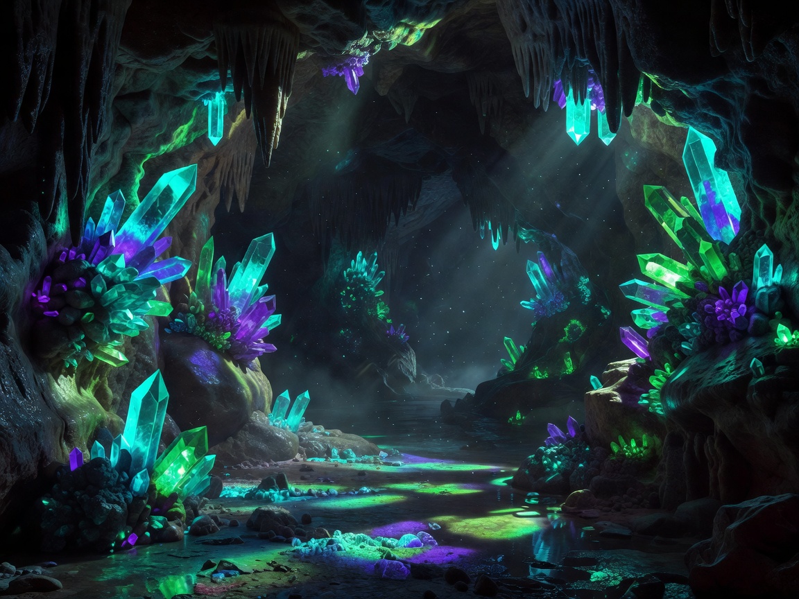 Mysterious neon crystal shapes in a cave